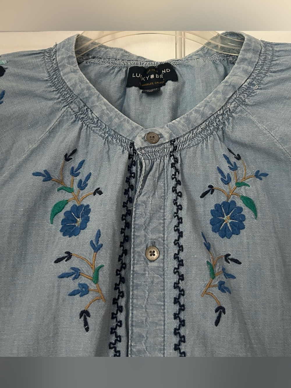 Lucky Brand Embroidered Cotton Hemp Chambray Peasant Blouse XL